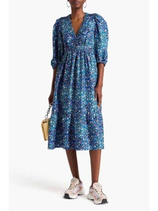 J. Crew Dresses & Skirts - J. Crew Dress Size Large Blue Maxi Floral Print 100% Cotton Smocked Puff Sleeve